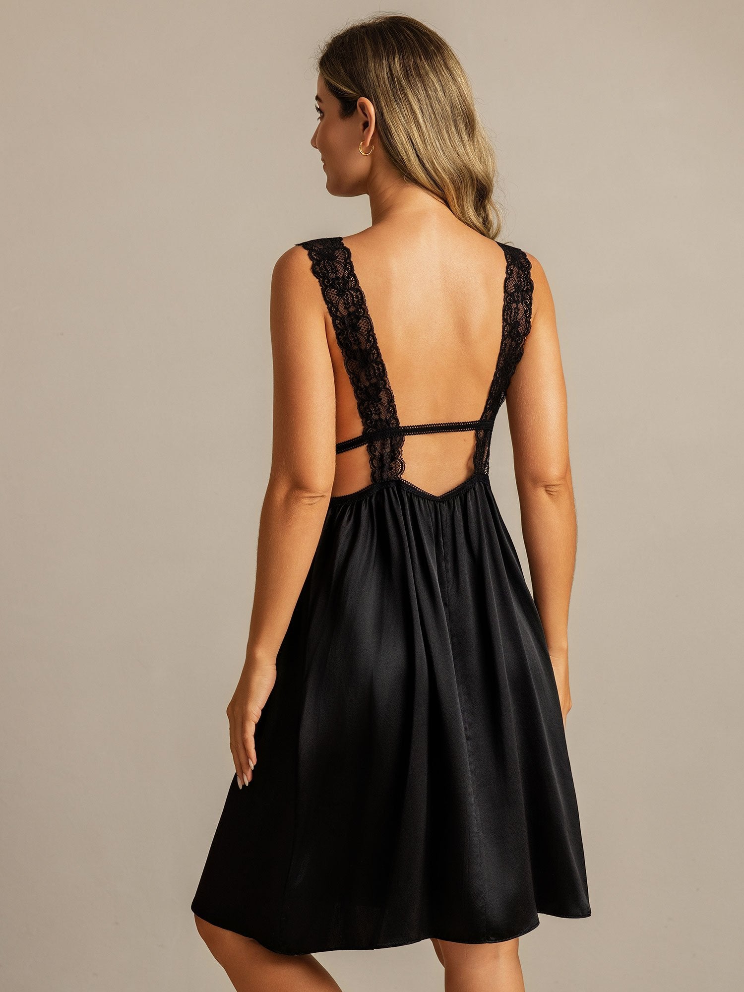 [Noir] SilkSilky-FR Sleeveless Deep V Neck Chemises de nuit 002