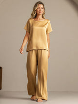 [Tan] SilkSilky-FR 19Momme Manches courtes Femme Pyjamas 008