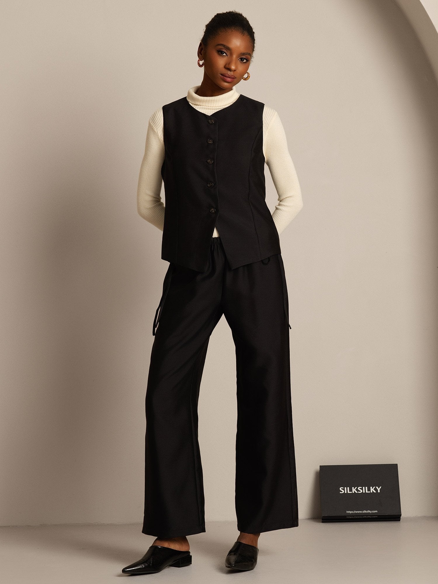 [Noir] SilkSilky-FR 32Momme Soie Womens Vest 006,