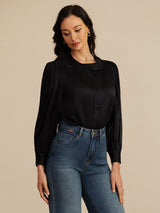 [Noir] SilkSilky-FR 19Momme Long Sleeve Round Neck Blouse 001
