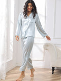 SilkSilky FR Pure Soie Manches longues Revers Femme Pyjamas BleuClair 005