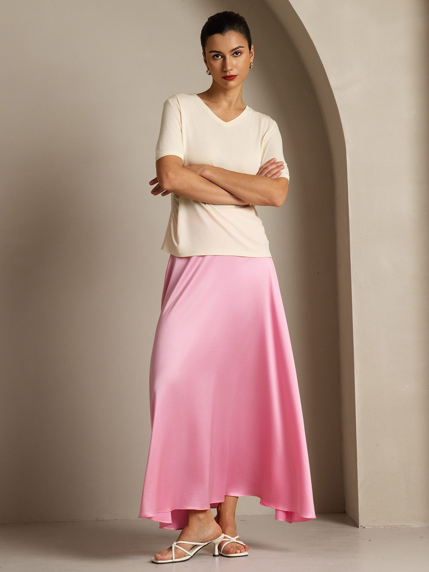 [Beige] SilkSilky-FR Soie Womens T-Shirt 007,