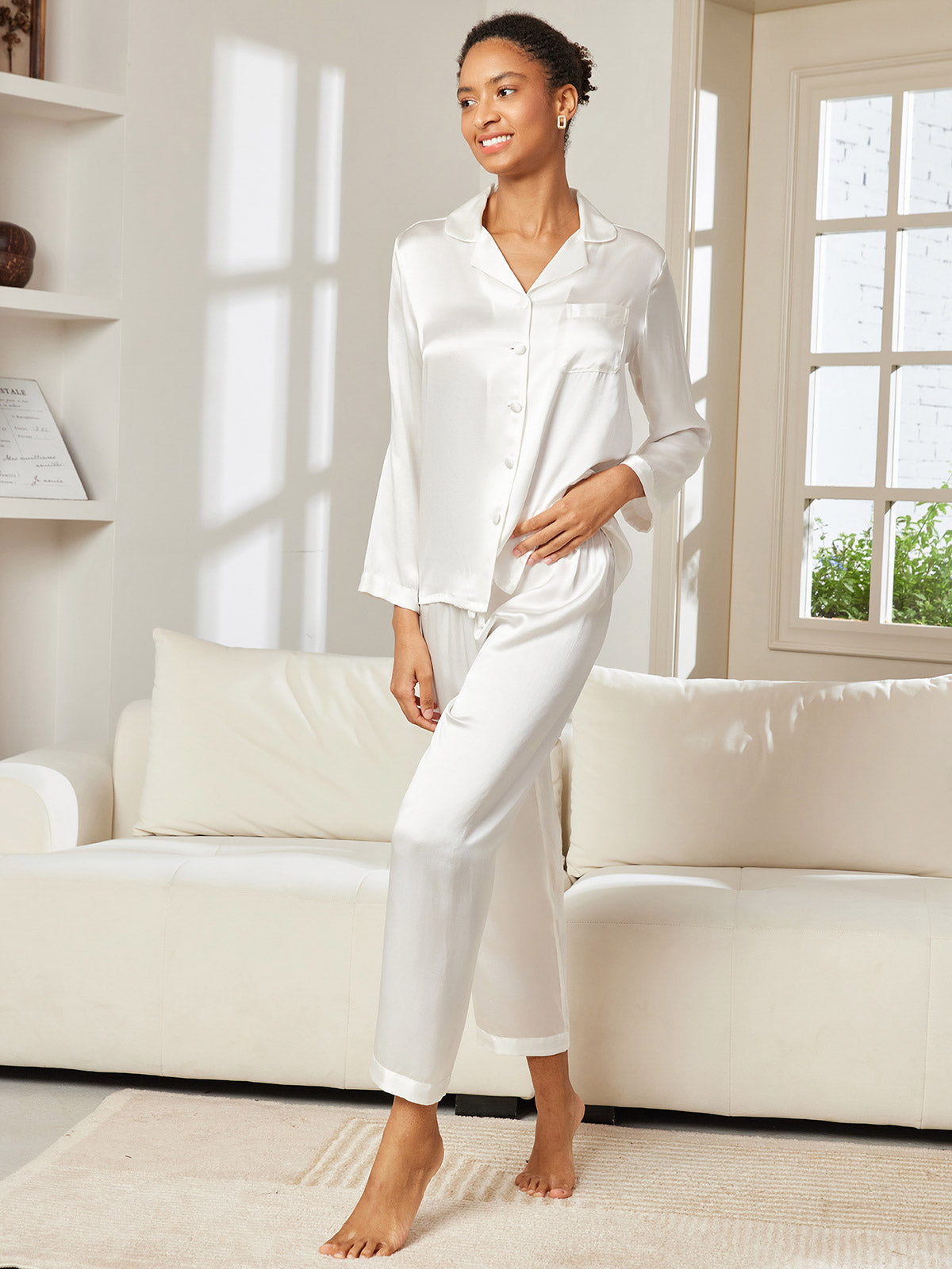 SilkSilky FR Pure Soie Manches longues Revers Femme Pyjamas Blanc 004