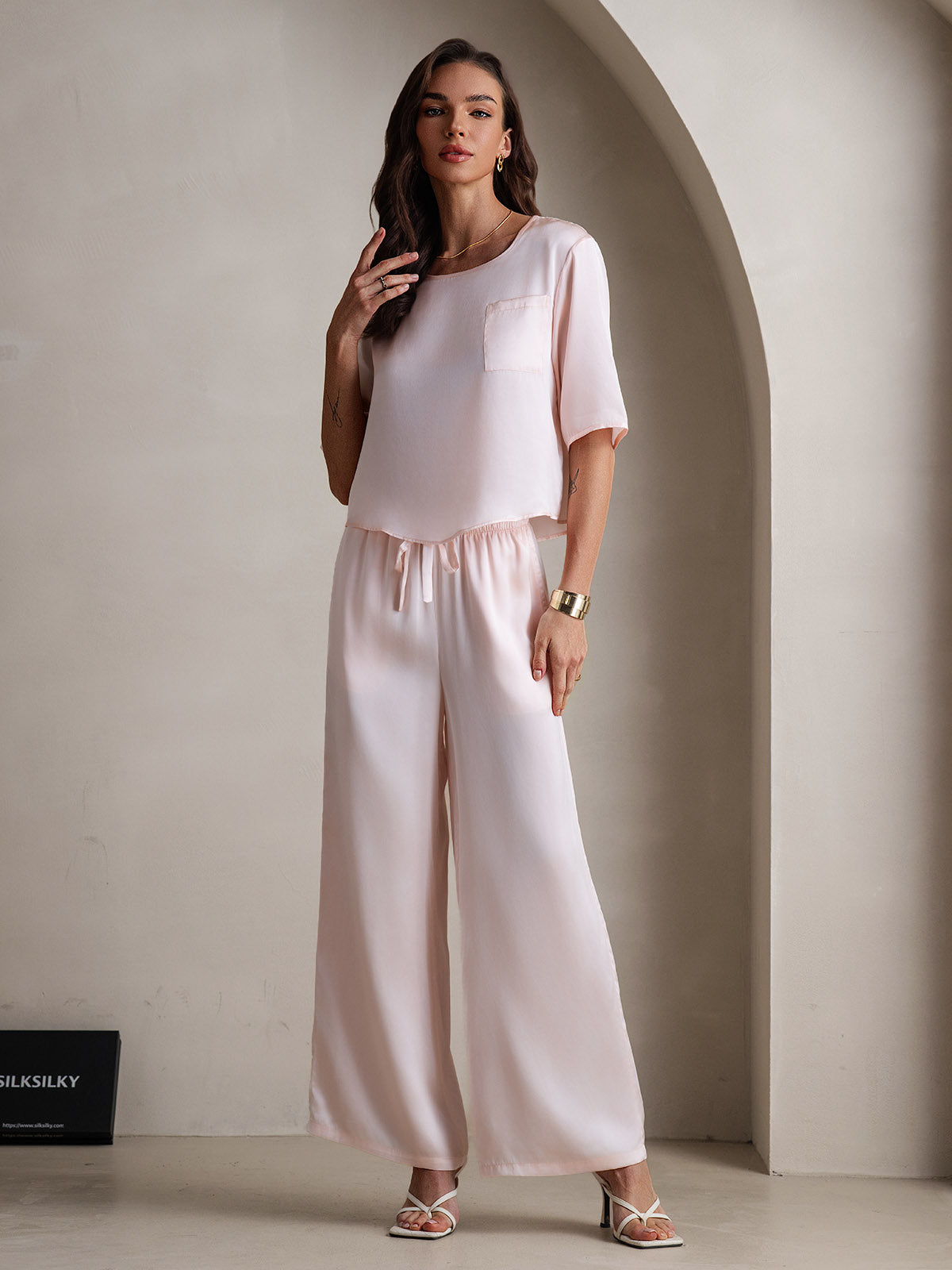[Rose] SilkSilky-FR Pure Soie Col Rond Femme Pyjamas 003