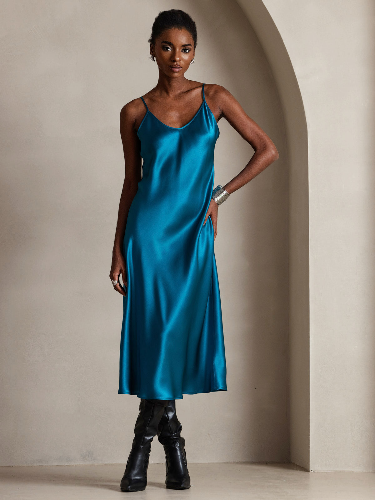 [Bleu Royal] SilkSilky-FR Pure Soie Col Rond Robes 001