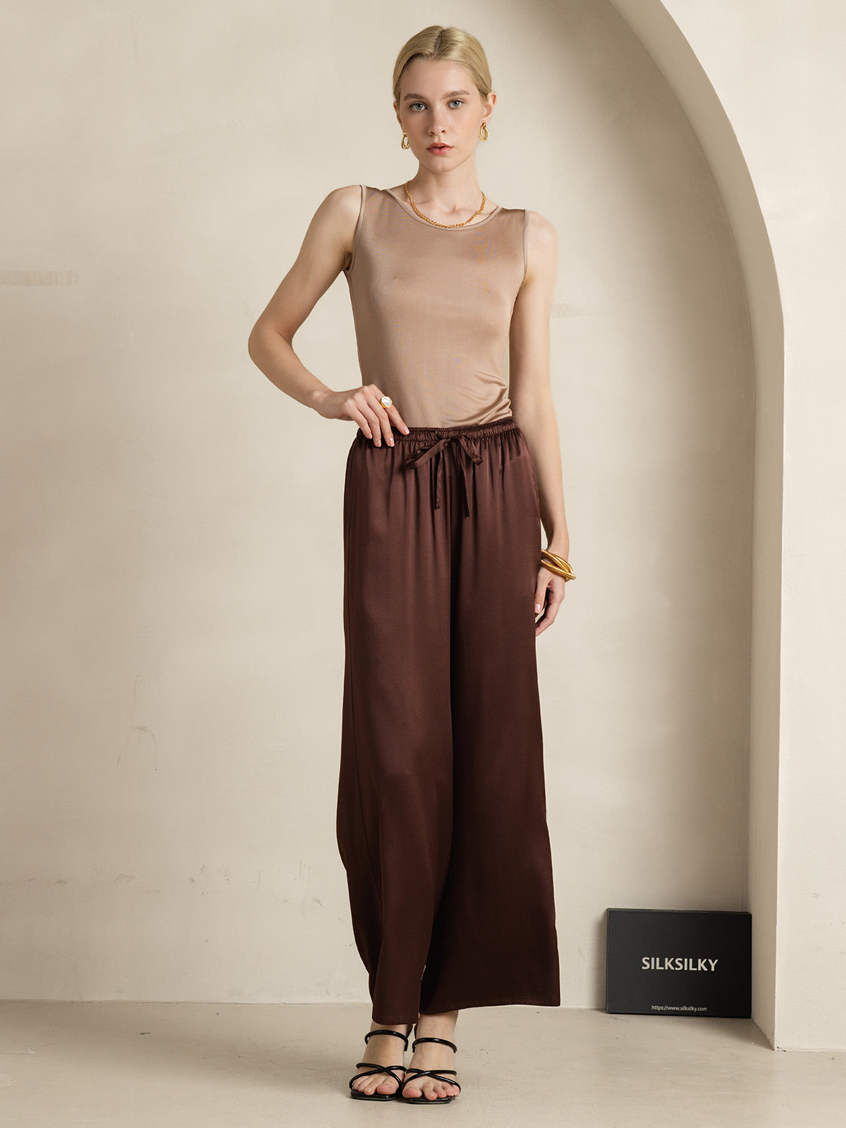 [Café] SilkSilky-FR Soie Tricotée Col Rond Femme T-Shirt 008