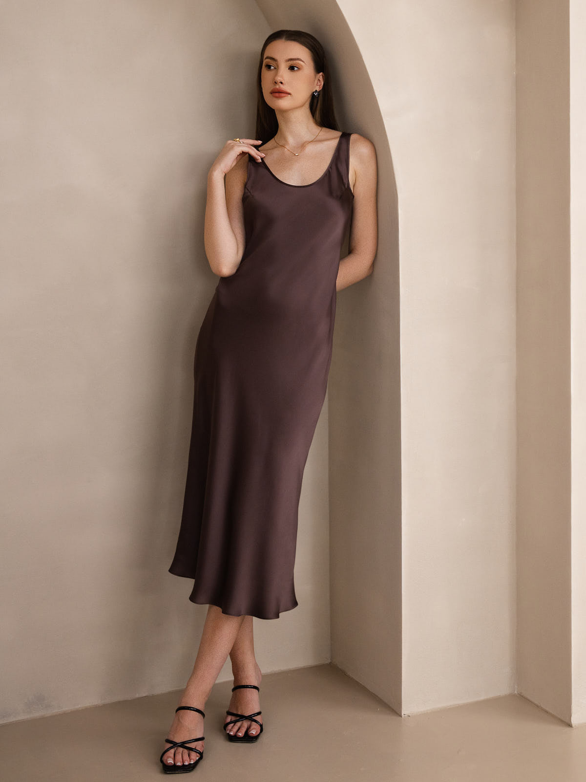 [Café] SilkSilky-FR Pure Soie Col Bateau Robes 006