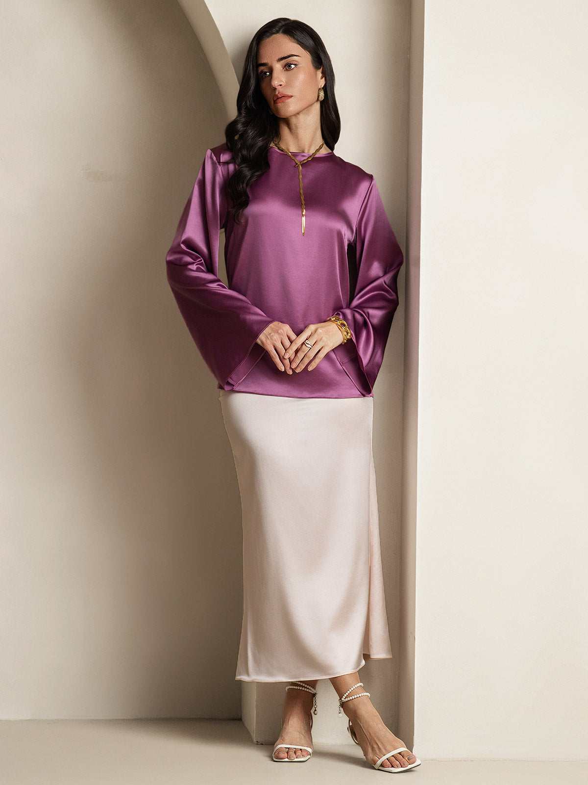 [Violet Foncé] SilkSilky-FR 19Momme Soie Col Rond Femme T-Shirt 007