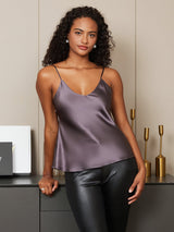 [Gris Pourpre] SilkSilky-FR Spaghetti Strap V Neck Top À Fines Brides 006