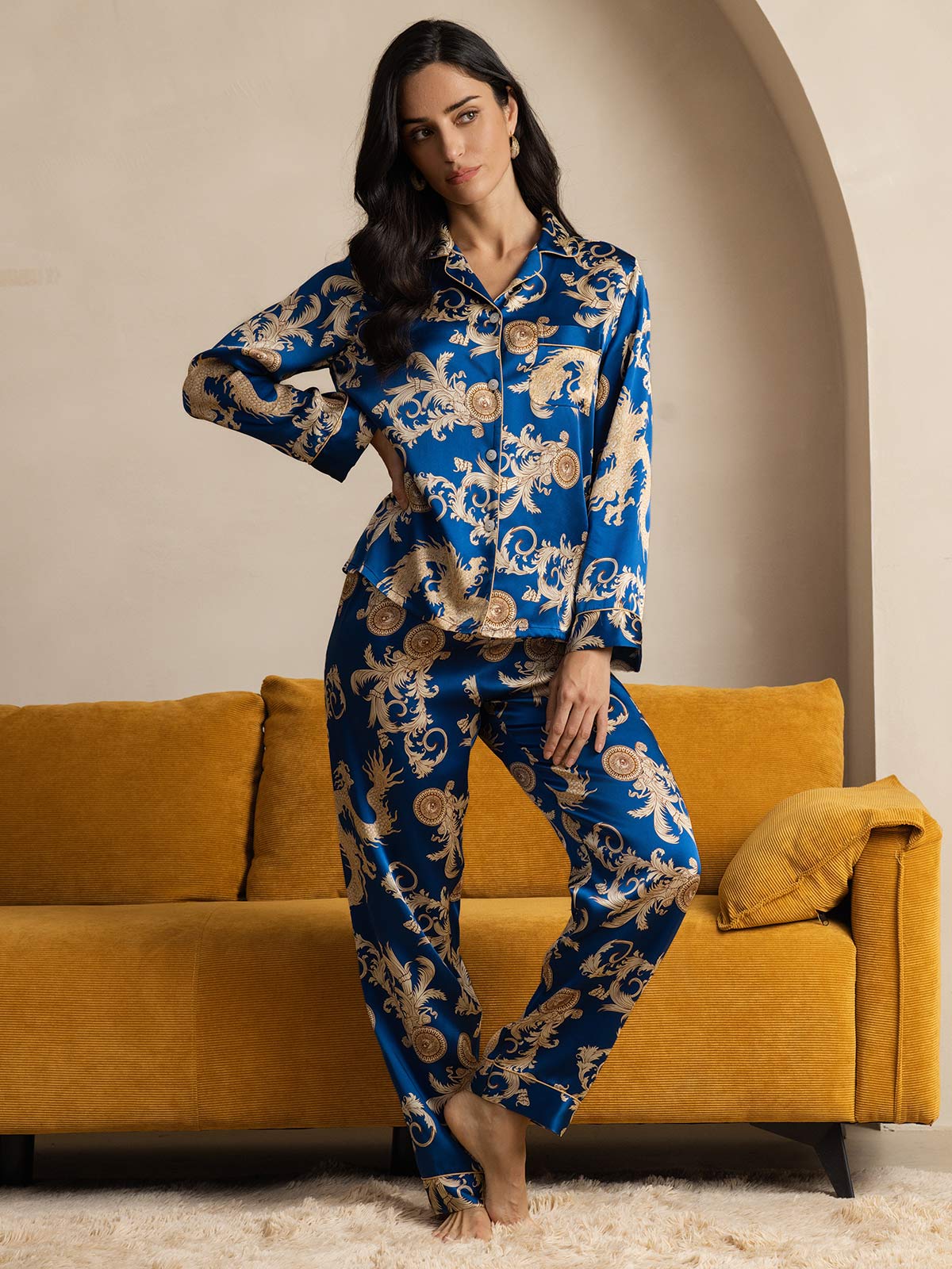 [Dragon Navy] SilkSilky-FR Pure Soie Womens Pajamas 006