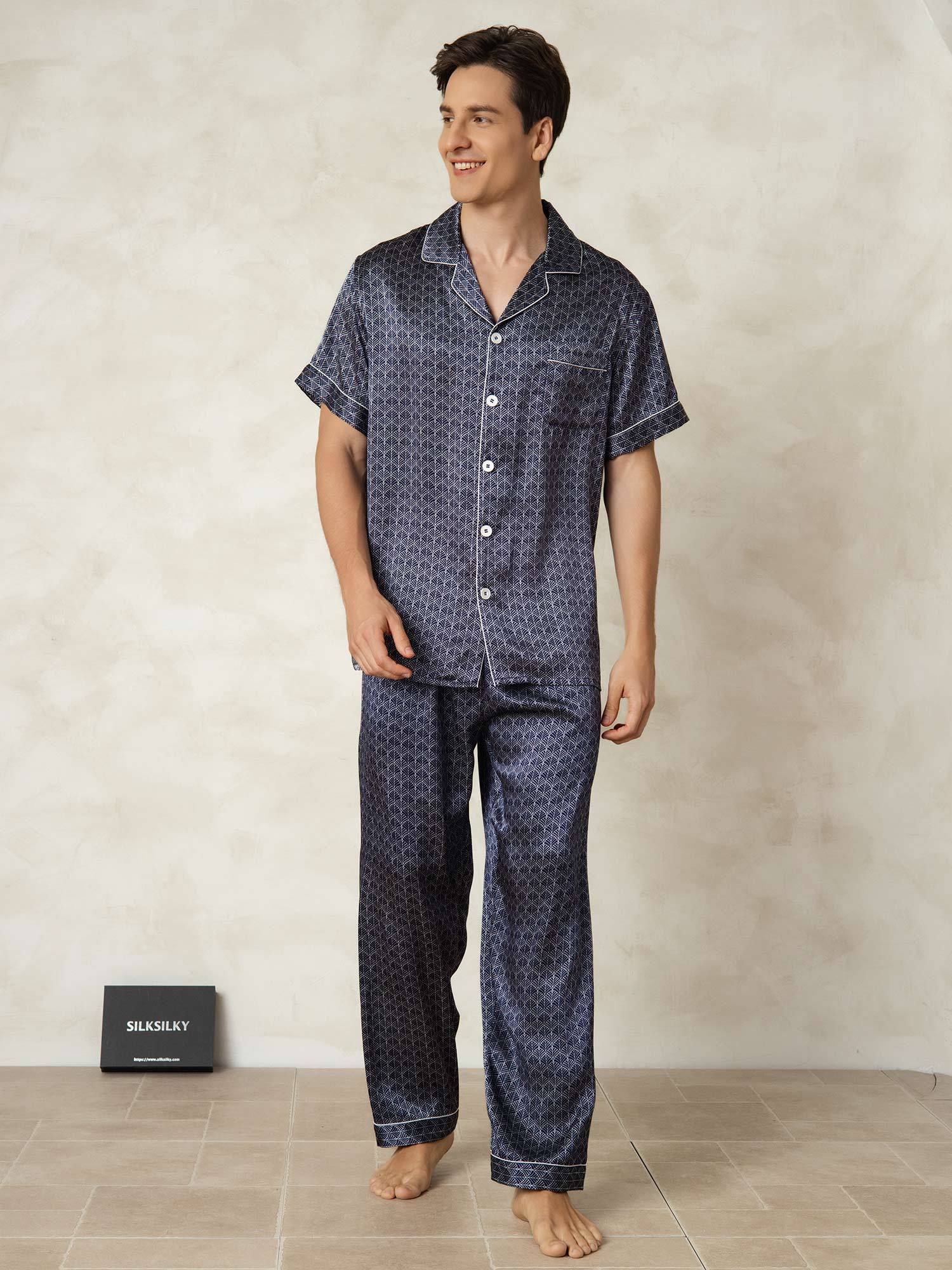 [GinkgoMarine] SilkSilky-FR Soie Col Chemise Homme Pyjamas 005