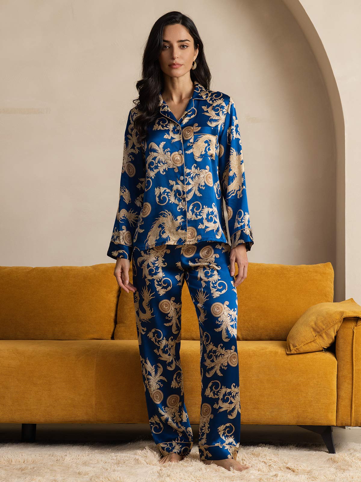 [Dragon Navy] SilkSilky-FR Pure Soie Womens Pajamas 007