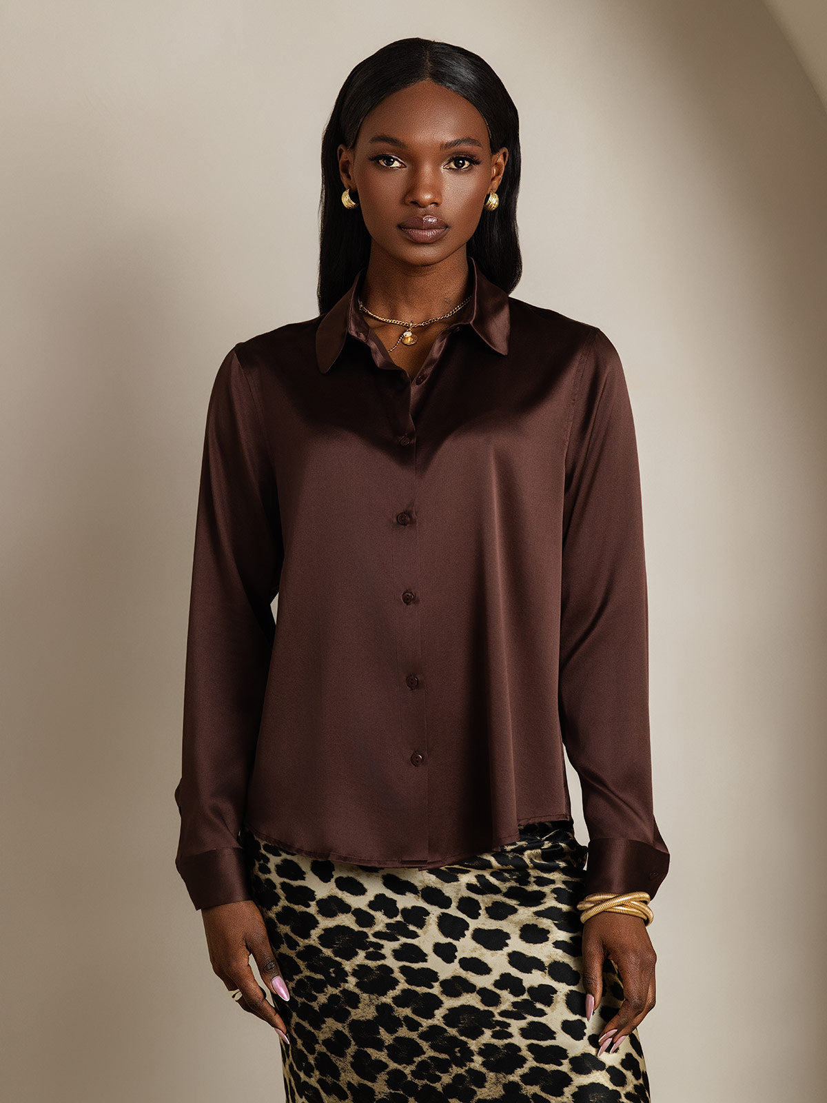 [Brun] SilkSilky-FR Soie Col Chemise Femme Chemise 003