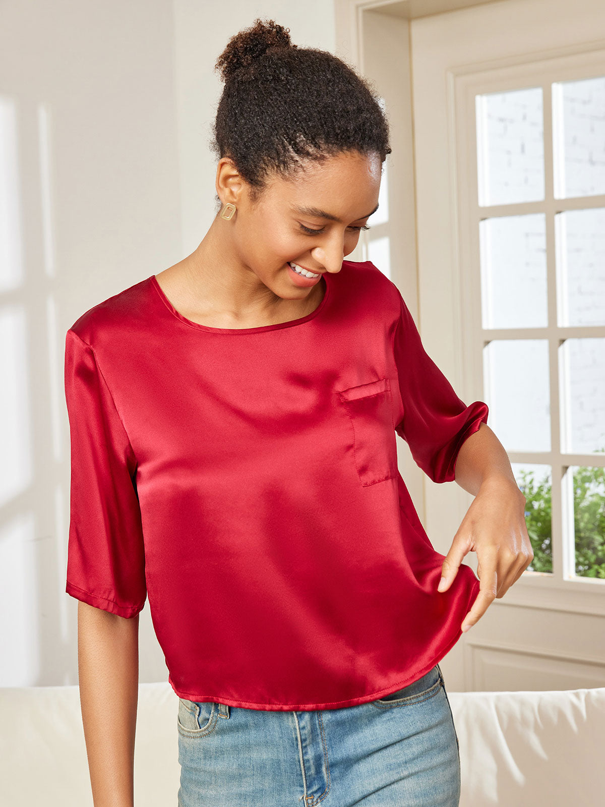 [Rouge Foncé] SilkSilky-FR Pure Soie Manches mi-longues Col Bateau Femme T-Shirt 003