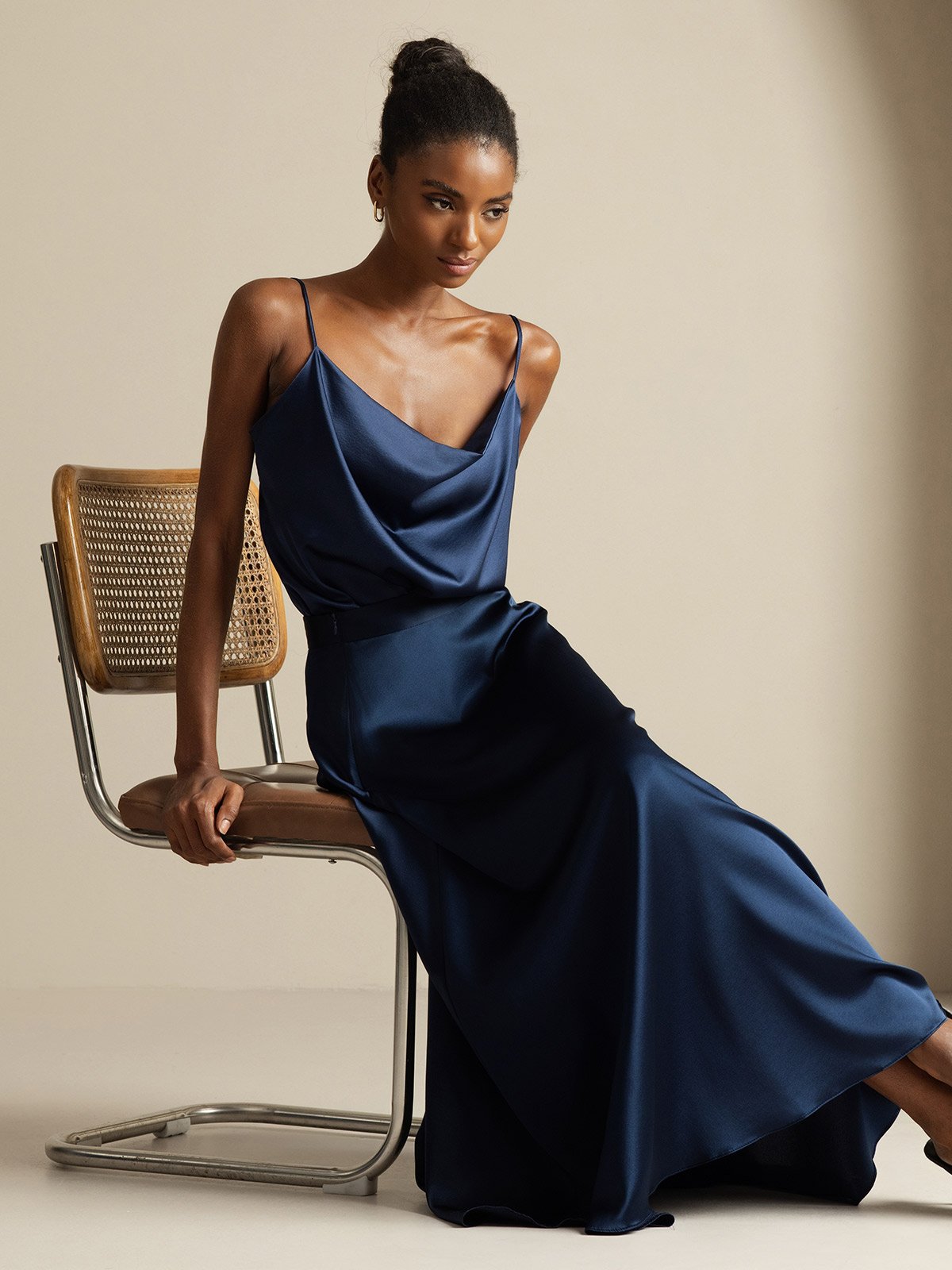 [Bleu Foncé] SilkSilky-FR Spaghetti Strap Cowl Neck Women's Outfit Sets 001