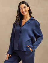 [Bleu Foncé] SilkSilky-FR 19Momme Manches longues Col Cranté Femme Pyjamas 007