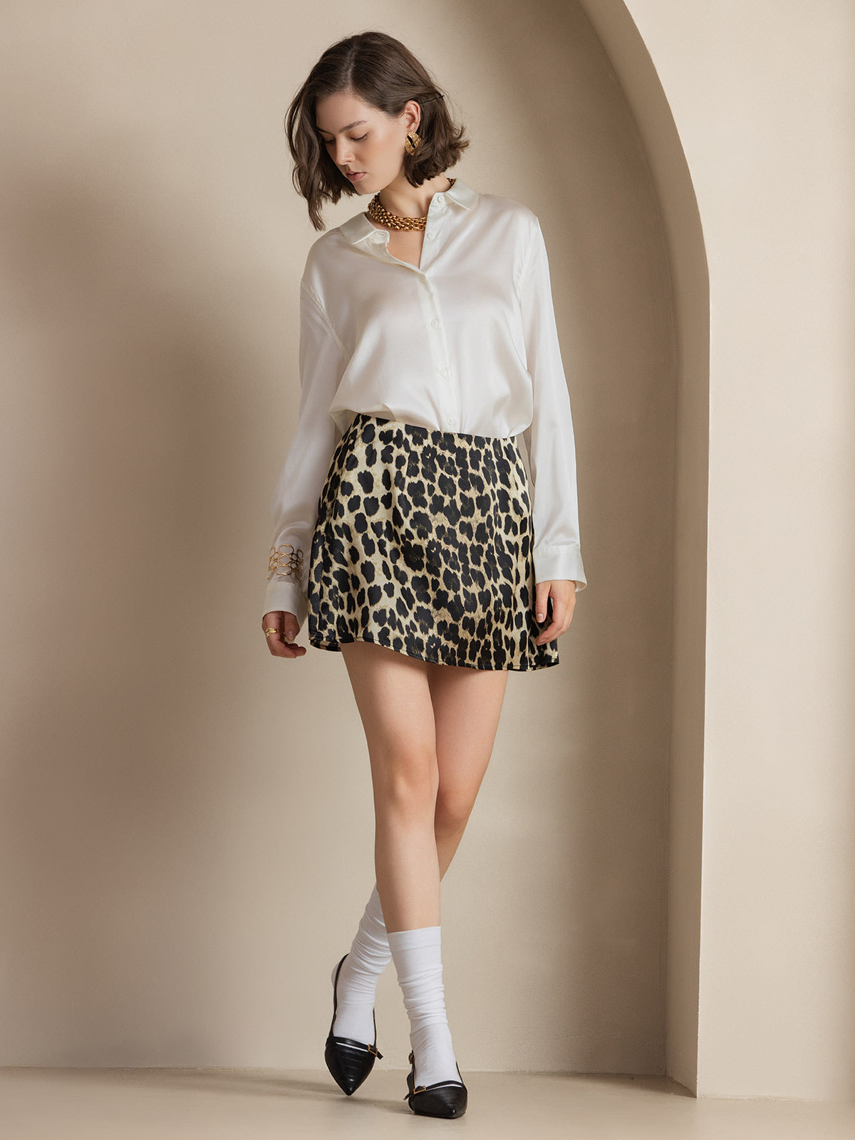 [Blanc] SilkSilky-FR Soie Manches longues Col Chemise Femme Chemise 007