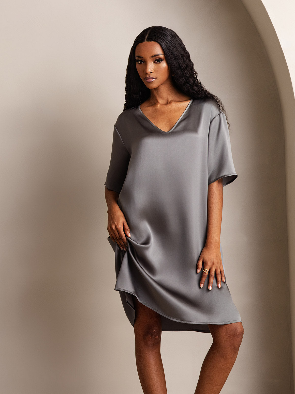 [Gris Foncé] SilkSilky-FR Pure Soie Col en V Chemises de nuit 008