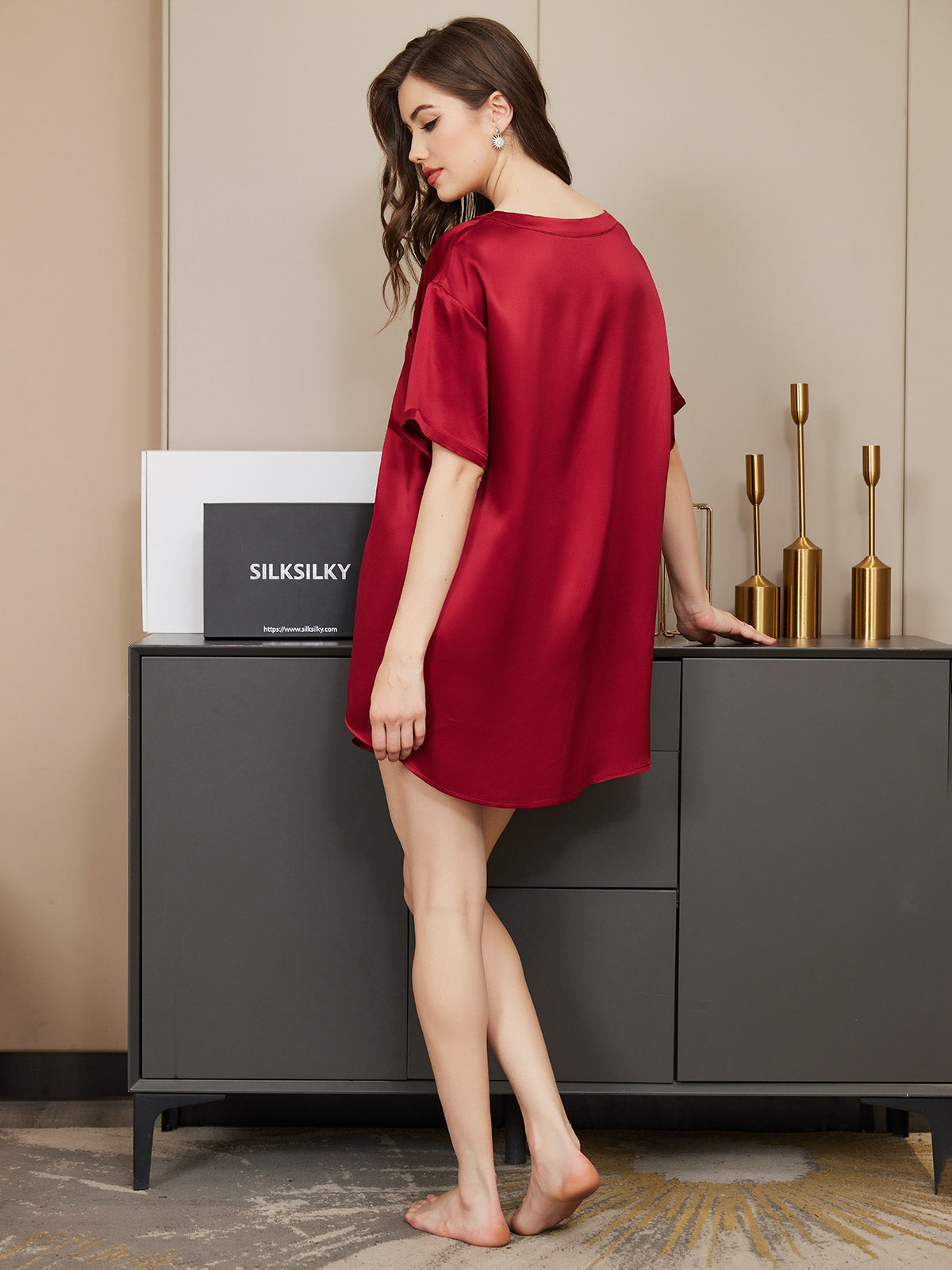 [Rouge Vineux] SilkSilky-FR Pure Soie Col Rond Femme Pyjamas 007
