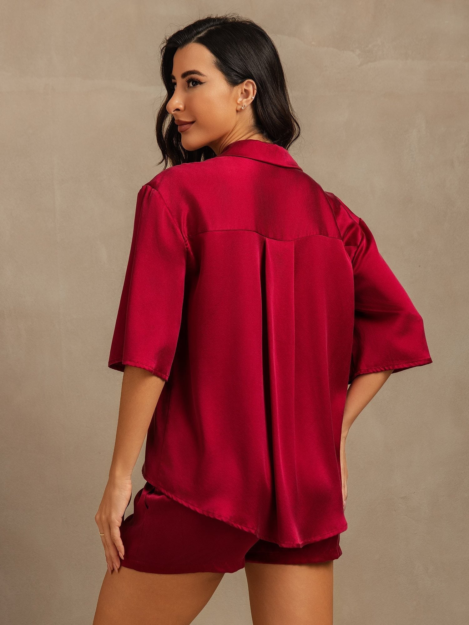 [Rouge Vineux] SilkSilky-FR 19Momme Soie Manches mi-longues Col Chemise Femme Pyjamas 002