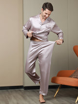 [Mauve Pâle] SilkSilky-FR Manches longues Col Cranté Homme Pyjamas 007