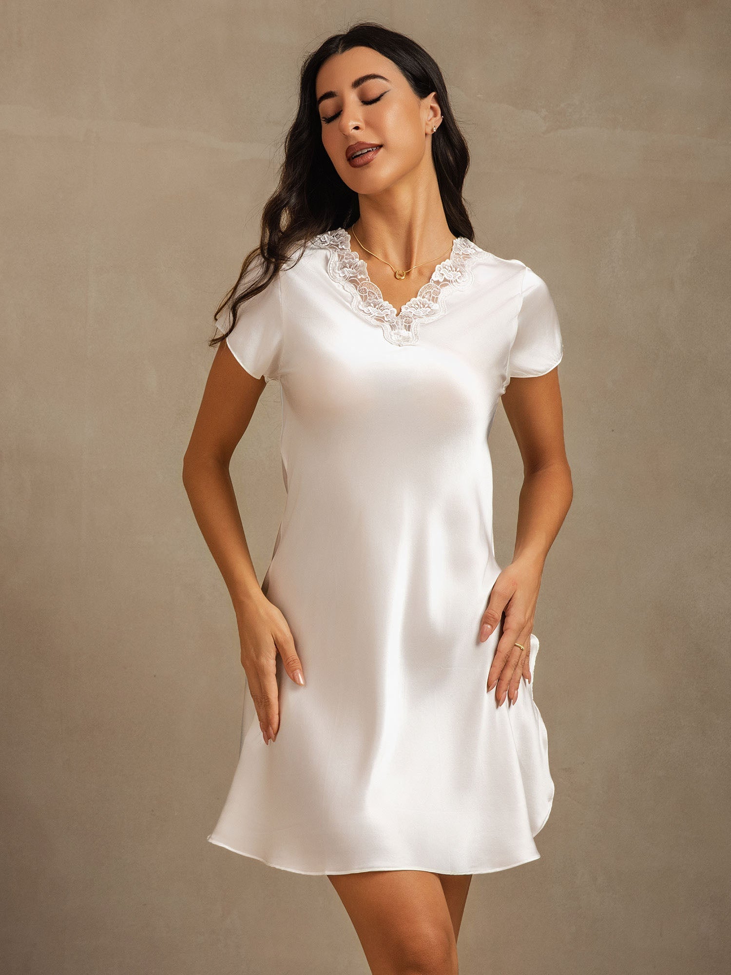 [Blanc] SilkSilky-FR Pure Soie Nightgown 004