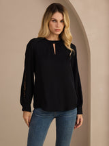 [Noir] SilkSilky-FR Long Sleeve Keyhole Neck Blouse 001