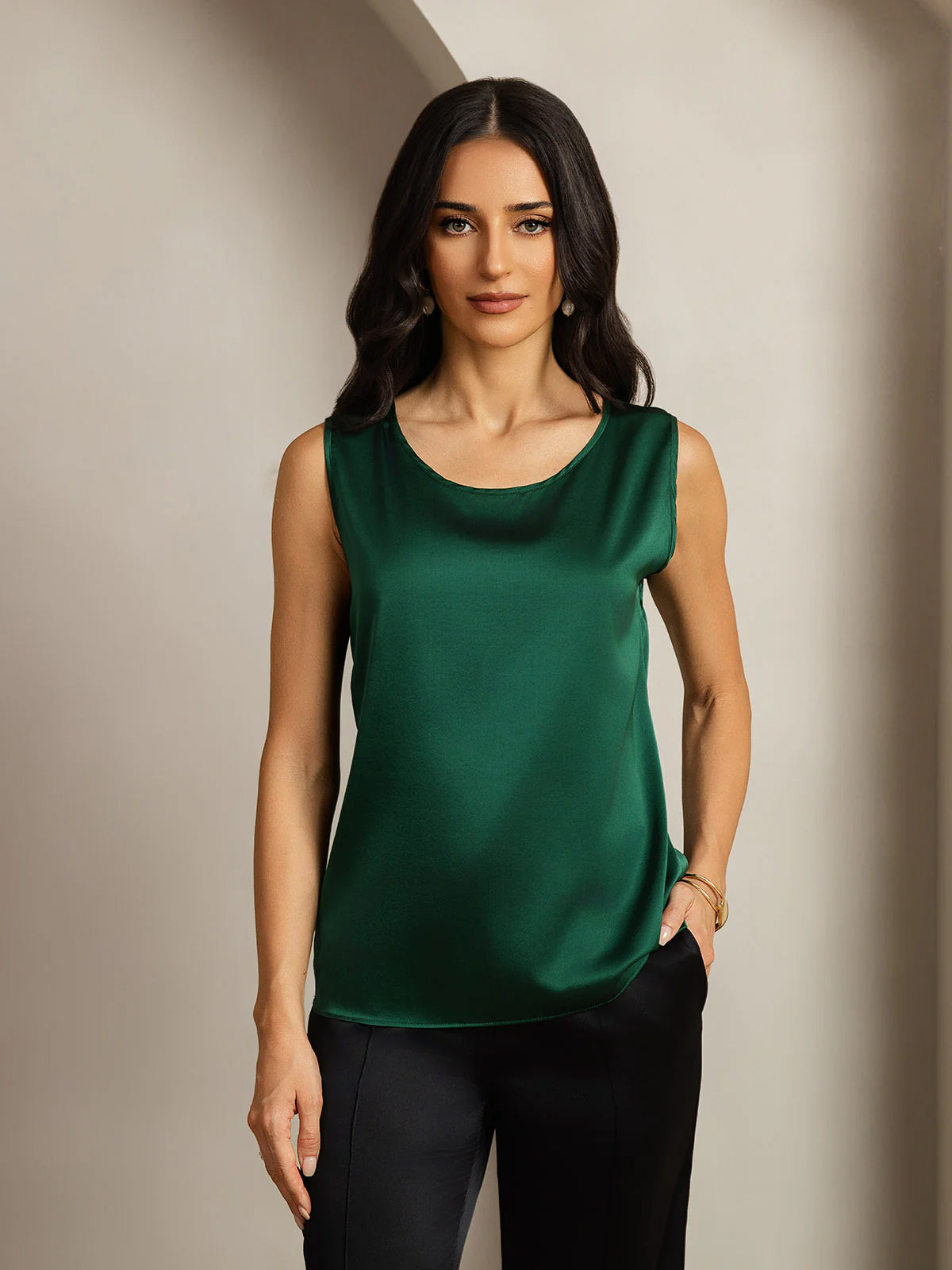 [Vert Foncé] SilkSilky-FR 19Momme Sans manches Col Rond Top À Fines Brides 005