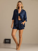 [Bleu Foncé] SilkSilky-FR 19Momme Manches mi-longues Col Cranté Femme Pyjamas 007