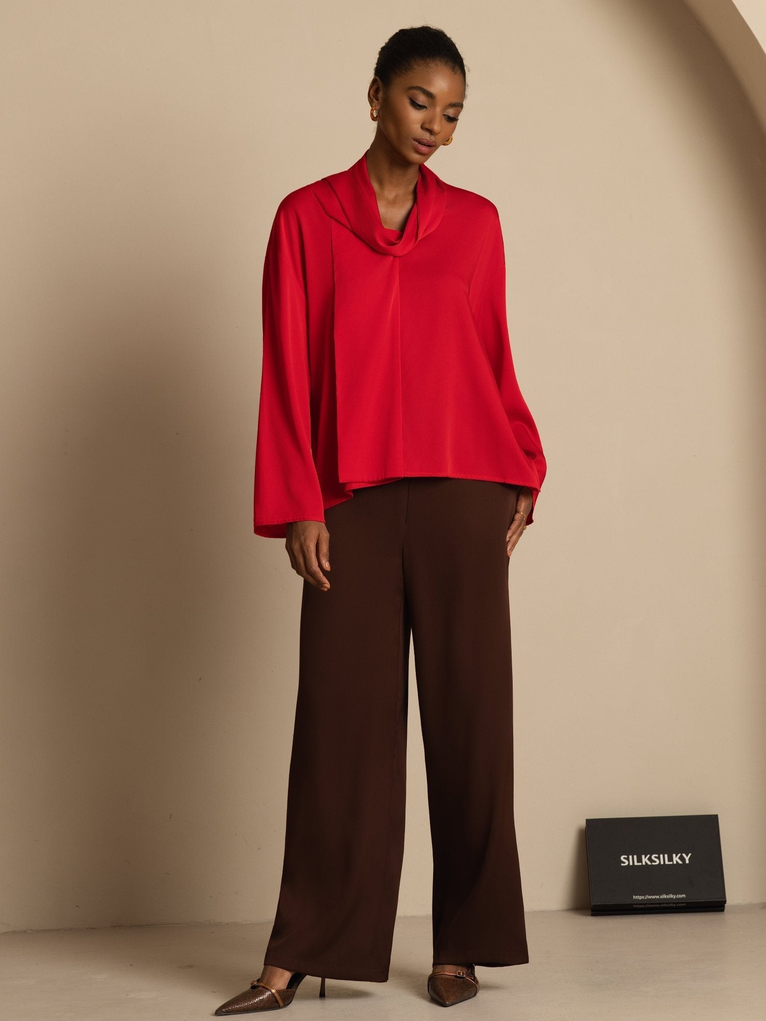 [Rouge Vineux] SilkSilky-FR 19Momme Soie Manches longues Col V Blouse 008