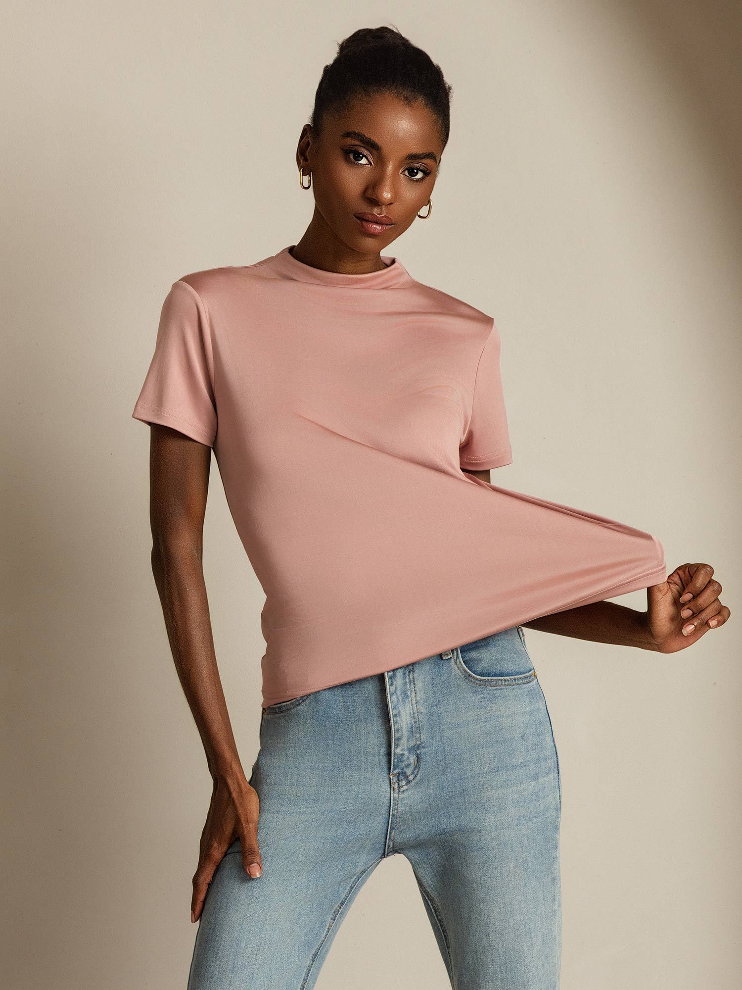 [Rose] SilkSilky-FR Soie Col Chemise Femme T-Shirt 001