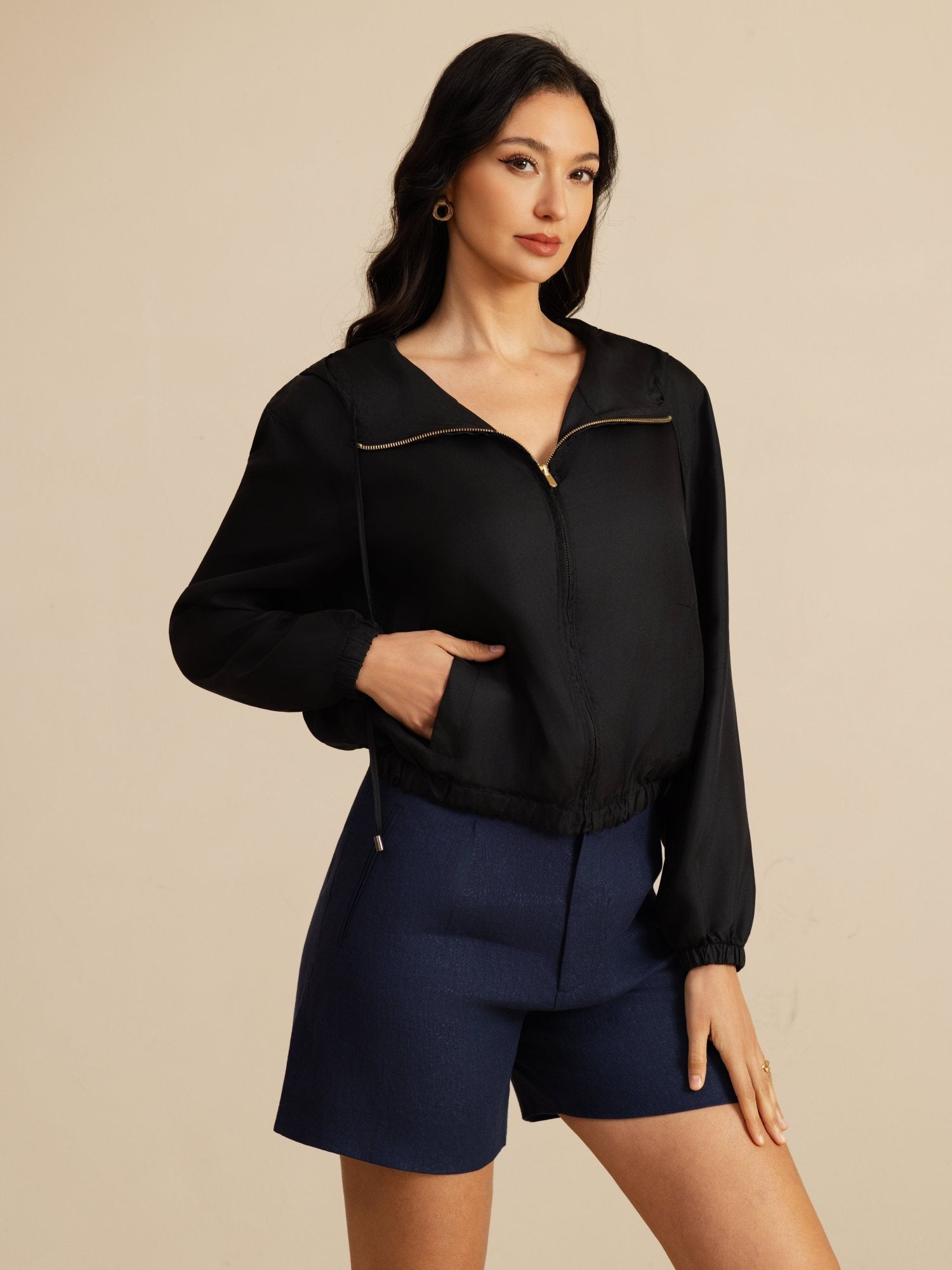 [Noir] SilkSilky-FR 18Momme Manches longues Col Montant Femme Manteaux 003