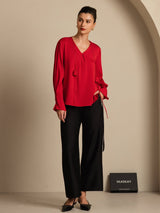 [Rouge Vineux] SilkSilky-FR Long Sleeve V Neck Blouse 006