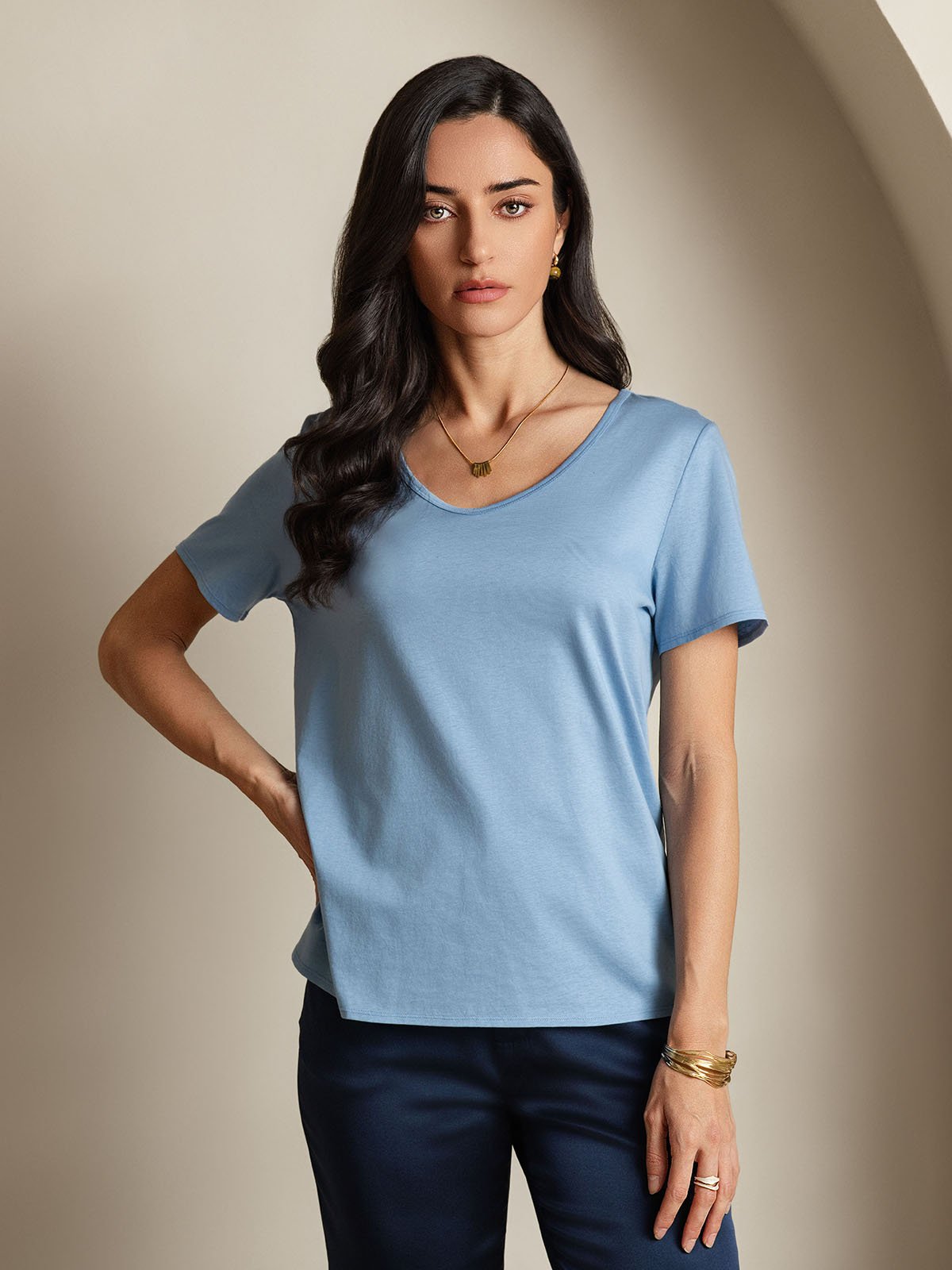 SilkSilky-FR Soie Manches courtes Col en V Femme T-Shirt Bleu 003