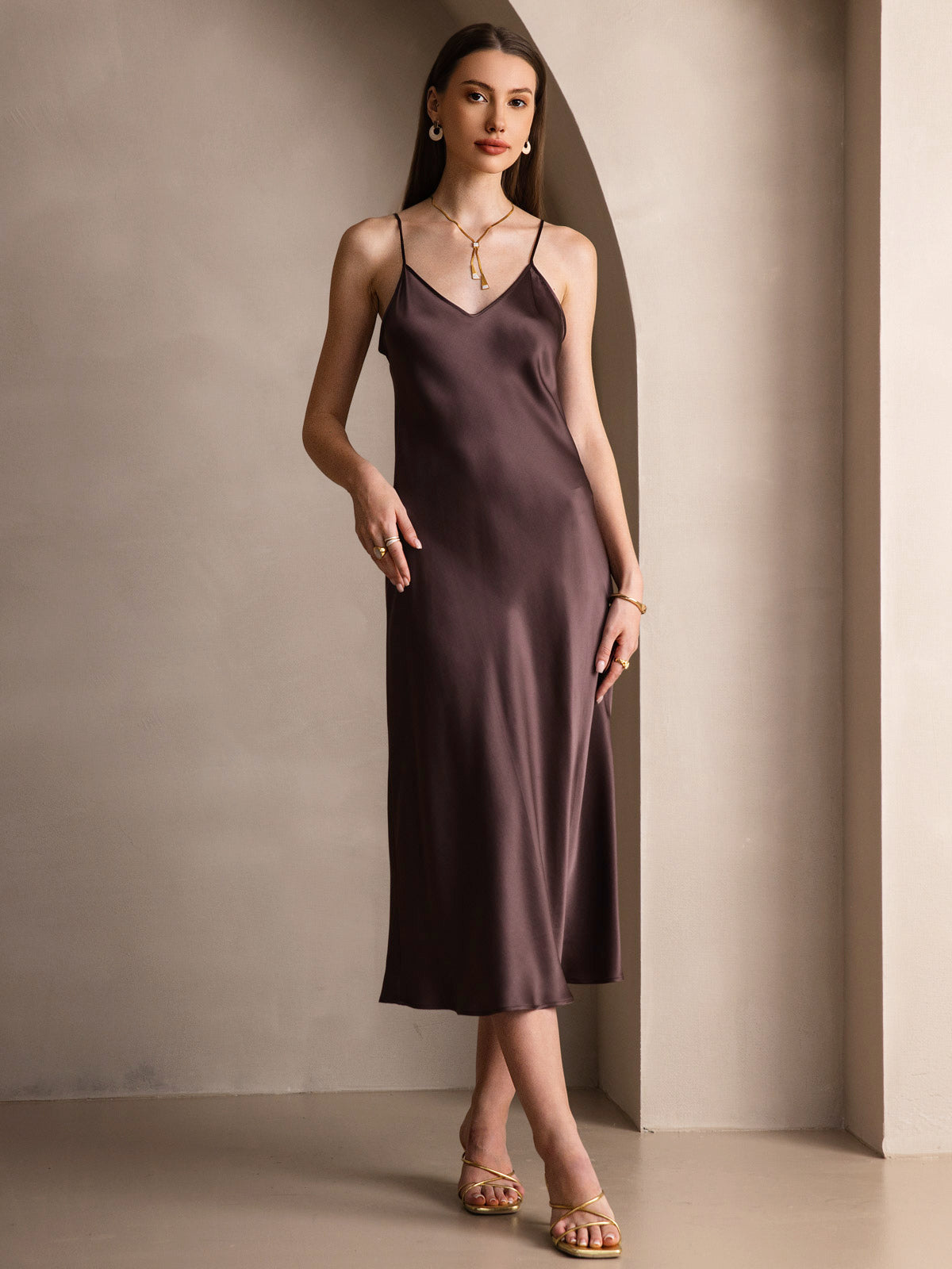 [Café] SilkSilky-FR Pure Soie Col Rond Robes 003