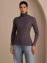 [Gris Foncé] SilkSilky-FR Long Sleeve Turtle Neck Femme T-Shirt 001