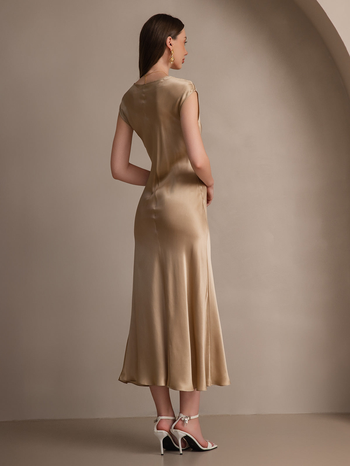 [Champagne] SilkSilky-FR 19Momme Soie Col Rond Robes 002