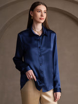 [Bleu Foncé] SilkSilky-FR Long Sleeve Lapel Collar Femme Chemise 003