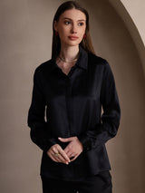 [Noir] SilkSilky-FR 19Momme Manches longues Col à Revers Femme Chemise 004