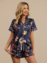[Floral Marine] SilkSilky-FR Manches courtes Col Cranté Femme Pyjamas 005