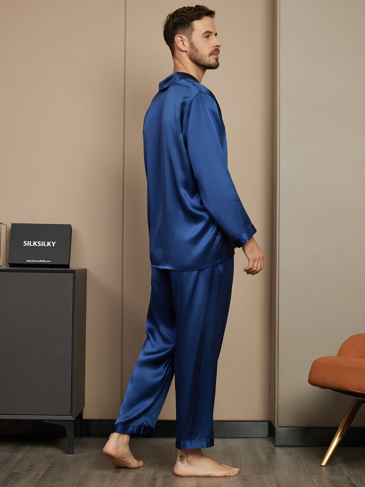 [Bleu Foncé] SilkSilky-FR Pure Soie Mens Pajamas 002