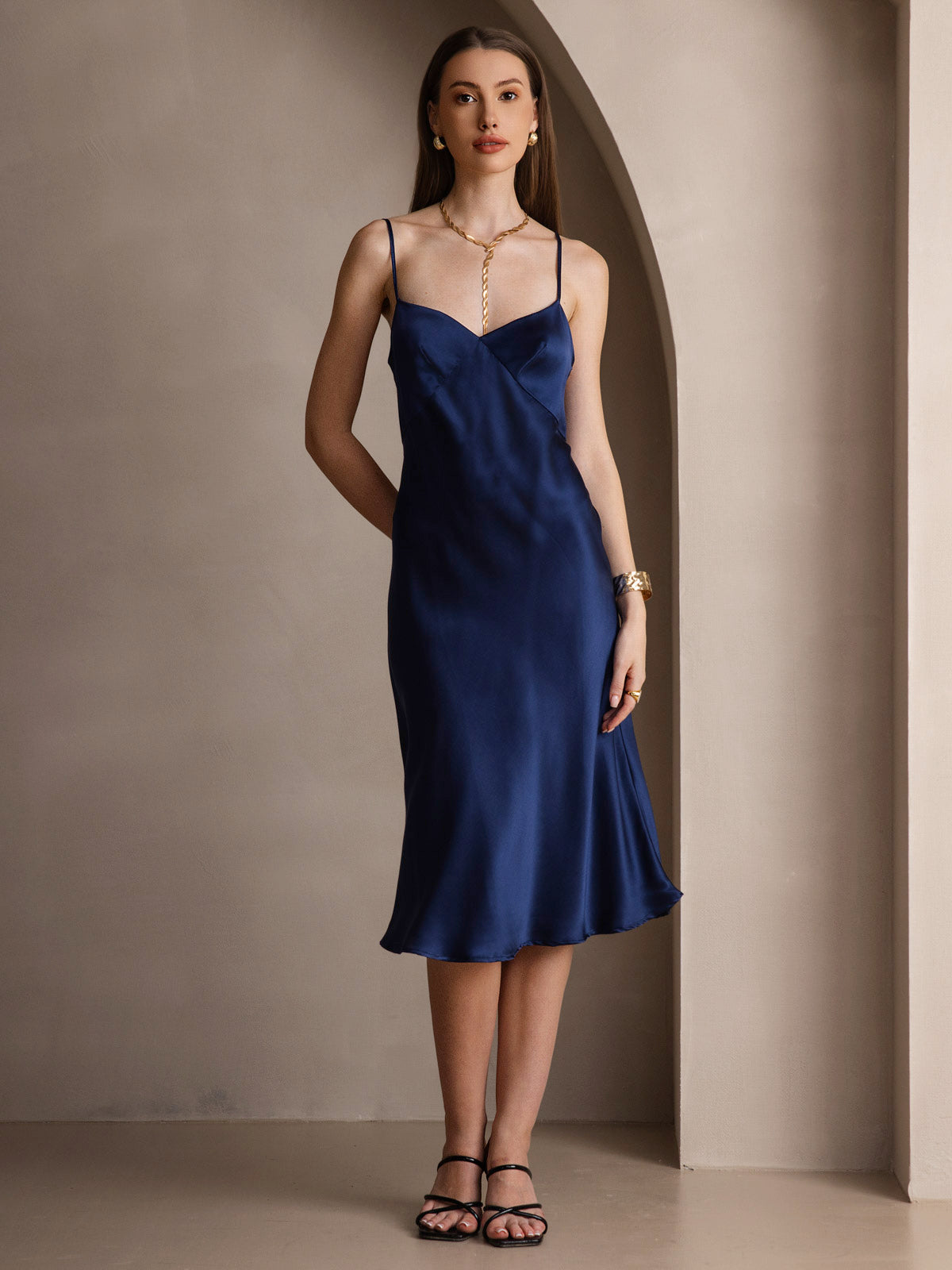 [Bleu Foncé] SilkSilky-FR 19Momme Pure Soie Col en V Robes 001