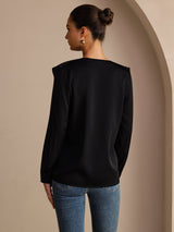 [Noir] SilkSilky-FR Long Sleeve Deep V Neck Blouse 002