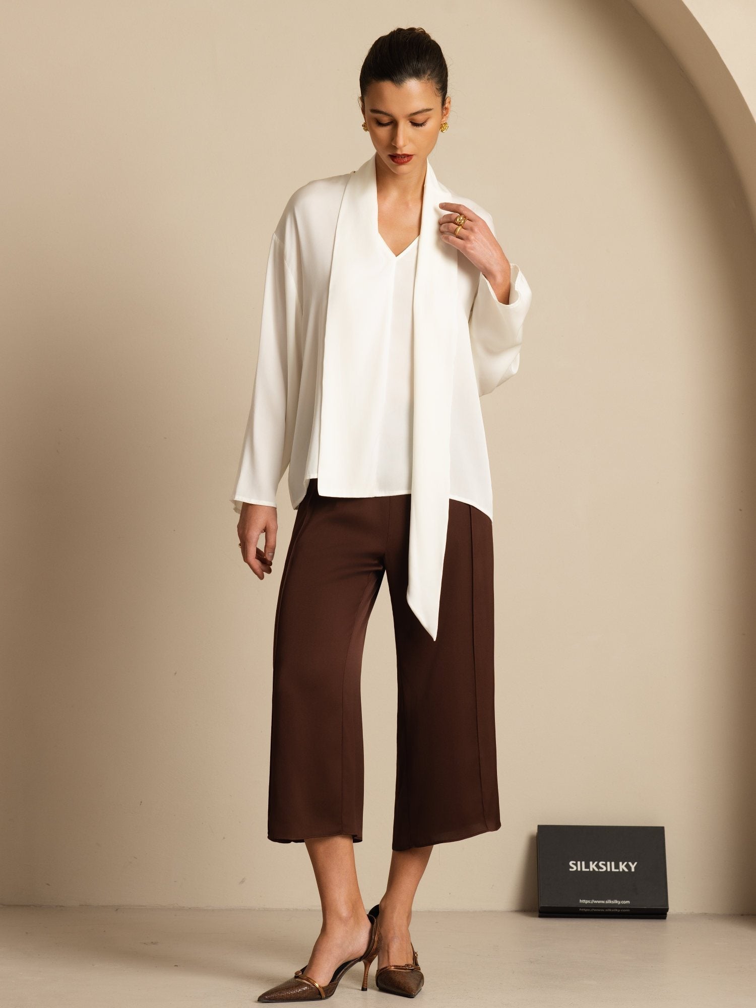 [Blanc] SilkSilky-FR 19Momme Soie Manches longues Col V Blouse 007