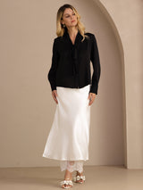 [Noir] SilkSilky-FR Long Sleeve Tie Neck Blouse 006