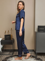 [Bleu Foncé] SilkSilky-FR Pure Soie Womens Pajamas 005,