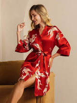 [Rouge Foncé] SilkSilky-FR 3/4 Sleeve Femme Peignoir 001