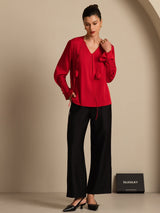[Noir] SilkSilky-FR Long Sleeve V Neck Blouse 007
