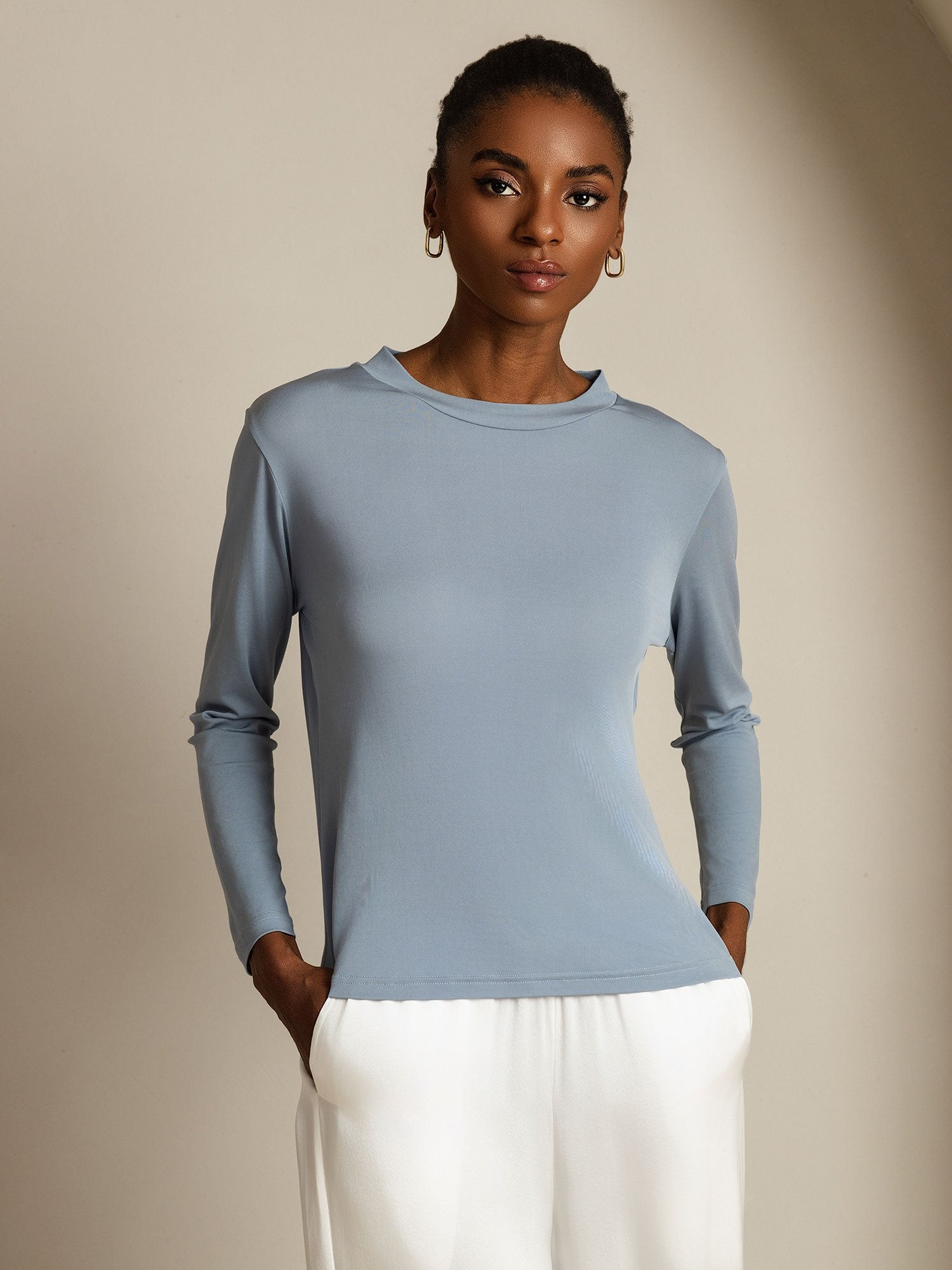 [BleuGrisâtre] SilkSilky-FR Soie Col Rond Femme T-Shirt 006