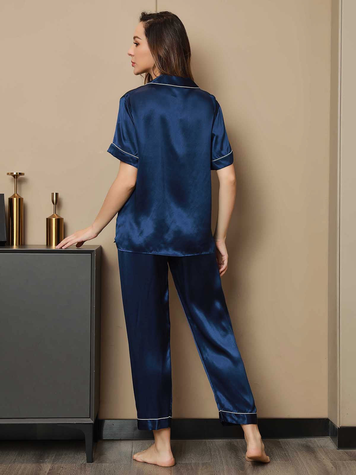 SilkSilky-FR Pure Soie Manches courtes Revers Femme Pyjamas BleuFoncé 002